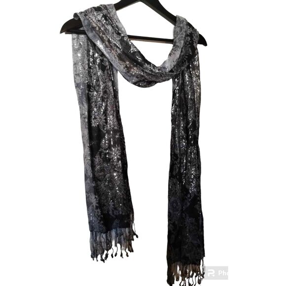Sheer Long Lace Scarf Shawl Black Silver Glitter Stitching Fringe - Picture 8 of 9